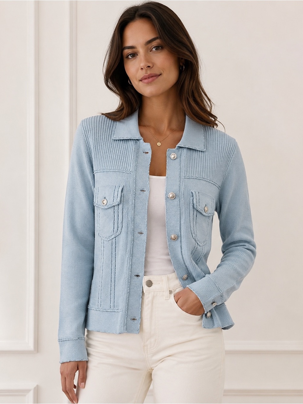 Acrobat Cotton Cashmere Blue Knit Button Front Cardigan Jacket Size S